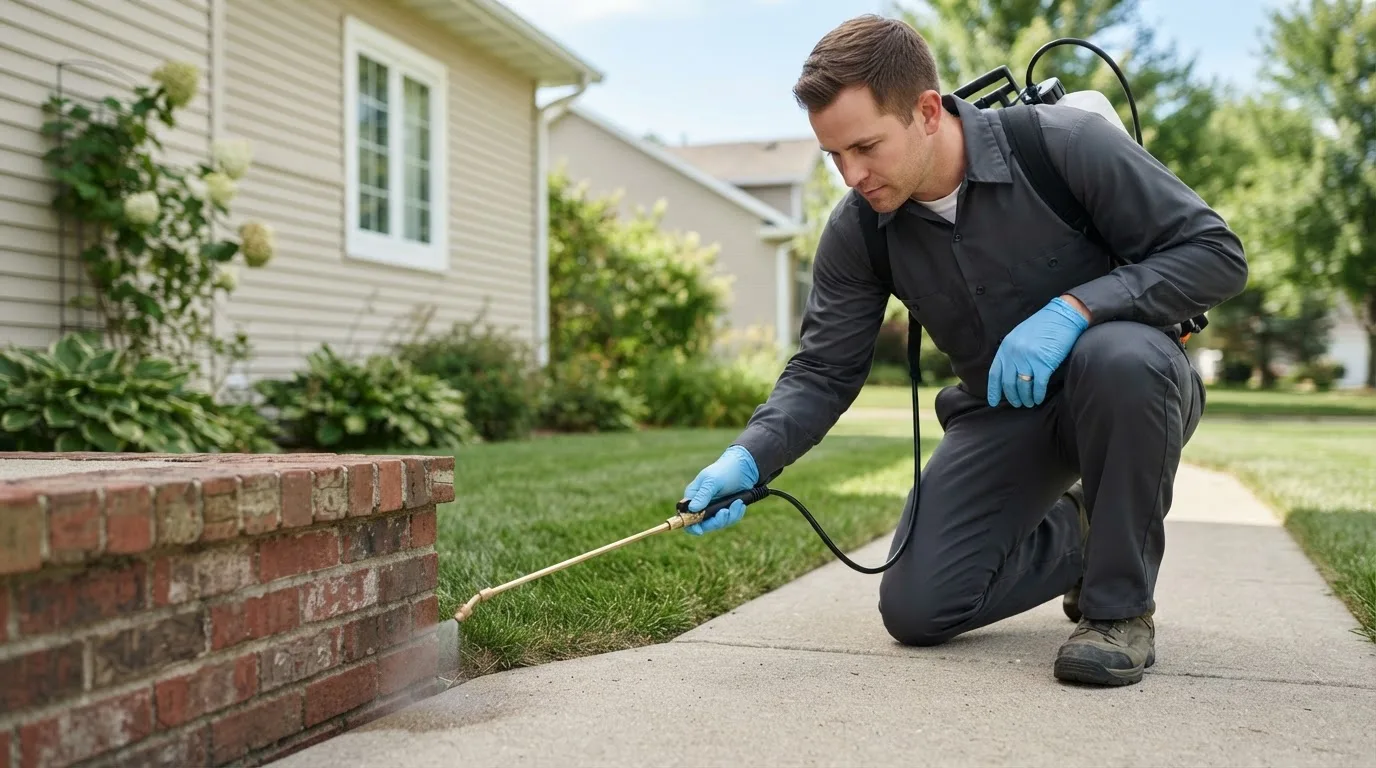 Pest control technician treating a home near Branford, CT