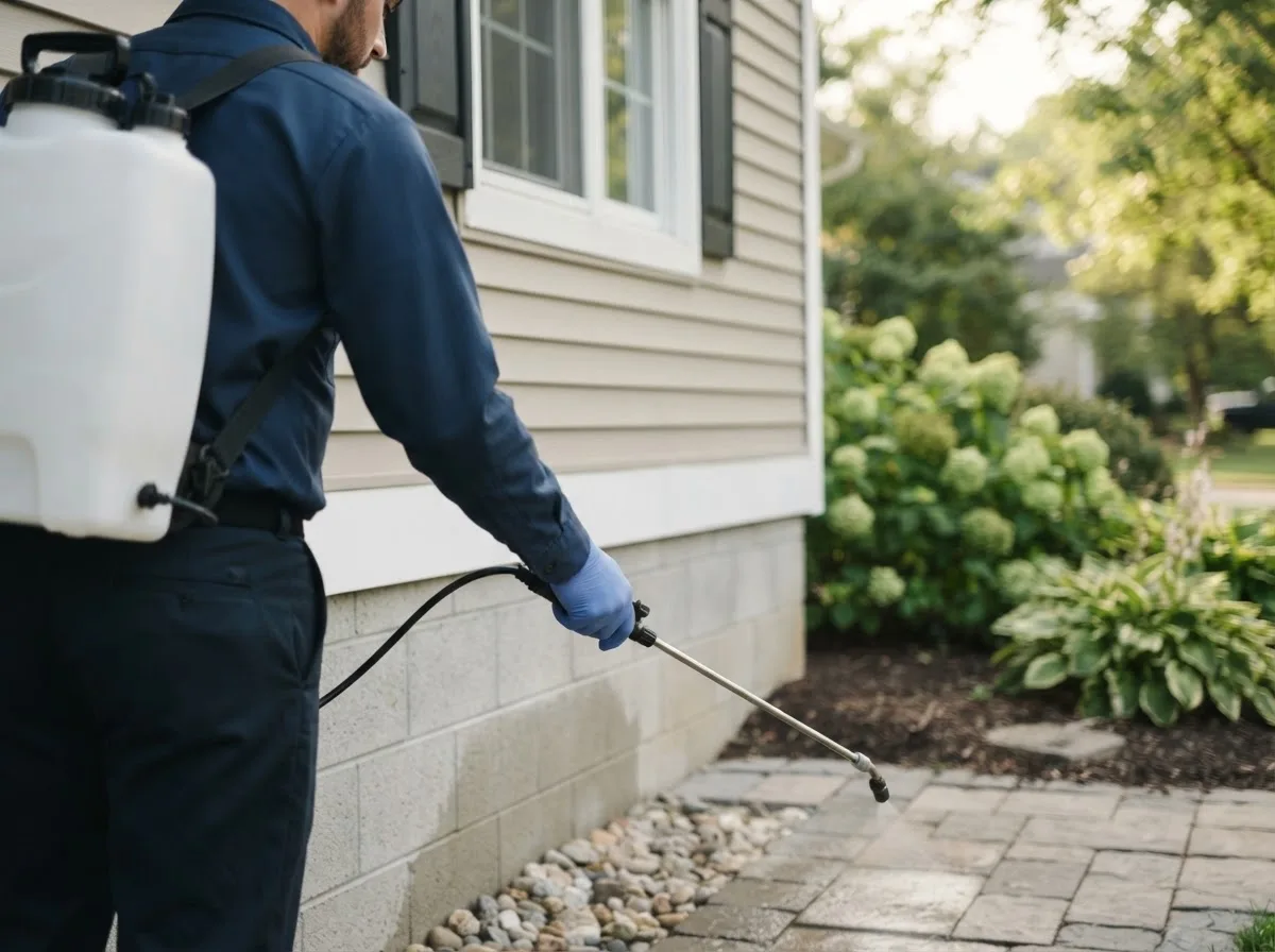 Pest control technician inspecting a home in Branford, CT
